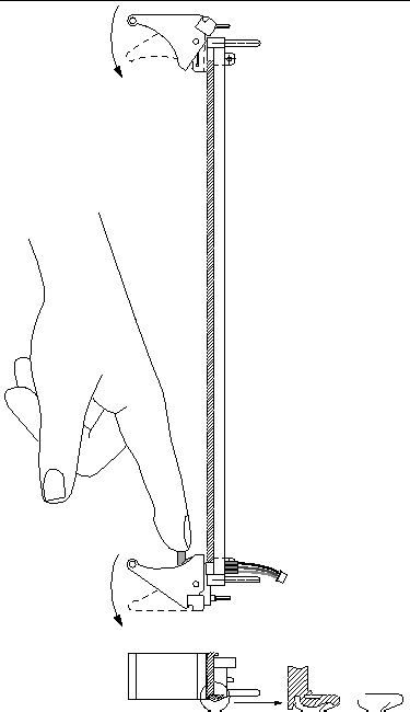 This illustration shows the latch to release the Netra CP2160 board injector/ejector handles.