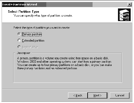 Screen capture showing the Create Partition Wizard window with Primary partition selected