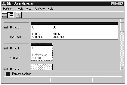 Screen capture showing Disk 1 with 100 MB unformatted.