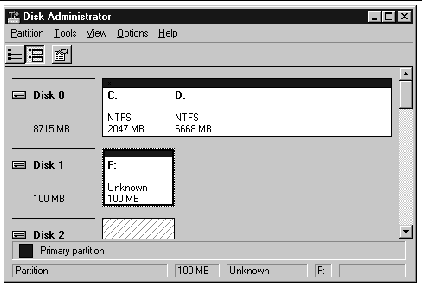 Screen capture showing Disk 1 with 100 MB Unknown displayed.