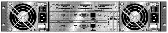 Photograph showing rear view of a RAID array which includes redundant I/O modules, power supplies/fans, event monitoring modules, and controller modules.