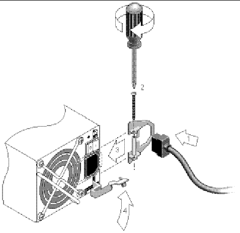 The cord lock is placed over an inserted power cable, and the long cord lock screw is screwed through the cord lock holes. The ejector handle is closed over the cord lock.