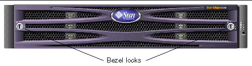 This figure displays the front bezel and the bezel locks on the right and left sides of the bezel. 