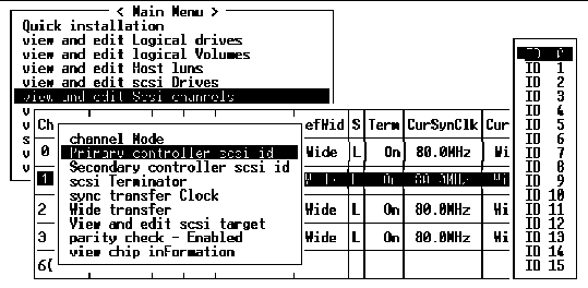 Screen capture shows the "Primary controller scsi id" command selected. in the "view and edit Scsi channels" window.