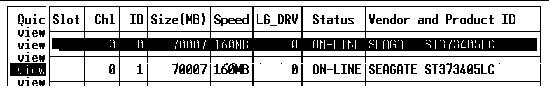 Screen capture shows the physical drives status window accessed with the "view and edit Scsi drives" command.