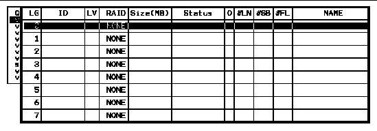 Screen capture shown empty logical drive status window accessed with the "view and edit Logical drive" command if there are no preconfigured logical drives. 