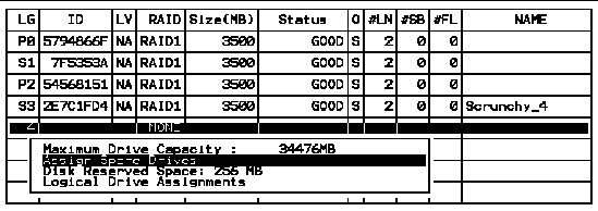 Screen capture shows the "Assign Spare Drives" command selected.