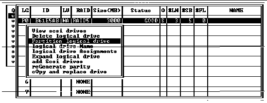 Screen capture shows the "Partition logical drive" command selected in the "view and edit Logical drives" window.