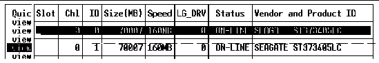 Screen capture showing the status of all SCSI drives for this controller.