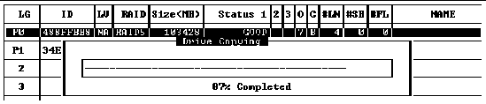 Screen capture showing the initial firmware screen with a progress indicator labelled "Drive Copying" and 87% completed.
