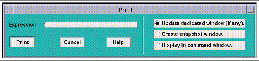Screenshot of the Print dialog box. Buttons are Print, Cancel and Help. Radio buttons switch the window type between dedicated, snapshot, and command windows.