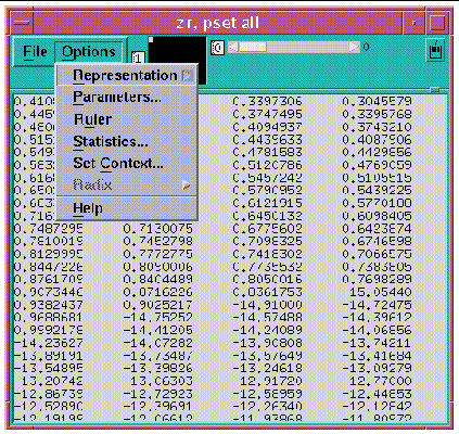 Screenshot of a viaualizer with an open Options menu.