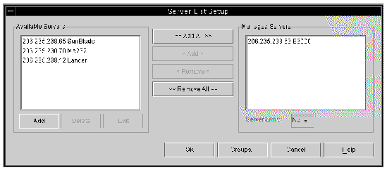 Screen capture of the Server List Setup window showing Available Servers and Managed Servers.