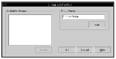 Screen capture of the Group List Setup window showing Available Groups and Group Name.