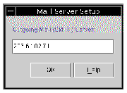 Screen capture of the Mail Server Setup window showing the Outgoing Mail (SMTF) Server address.