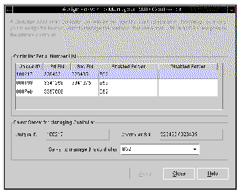 Screen capture of the Assign Server to Manage a RAID Controller showing Controller Serial Number List information.
