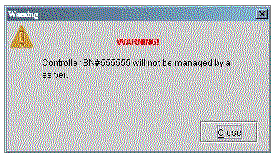 Screen capture showing the Warning message box confirming that the selected array controller will no longer be managed by a server.