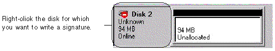 Screen capture of Disk Management showing where to click to create a signature for a disk.