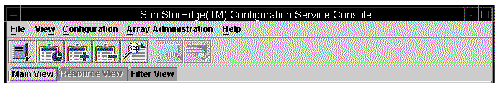 Screen capture showing the Sun StorEdge Configuration Service menu bar, tabs, and toolbar.