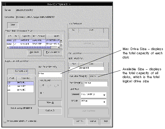 Screen capture of the New Configuration window showing three physical disks and their total capacity in the Available Size (MB) field.