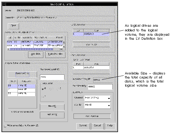 Screen capture of the New Configuration window showing the logical drive added to the LV Definition box.