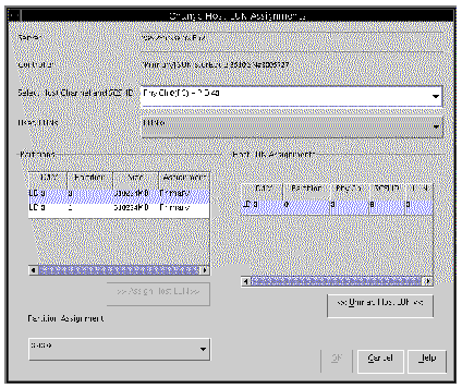 Screen capture of the Change Host LUN Assignments window showing all available LUNS and Host LUN Assignments.
