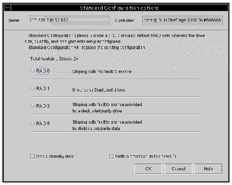 Screen capture of the Standard Configuration Options window showing standard storage configuration options.