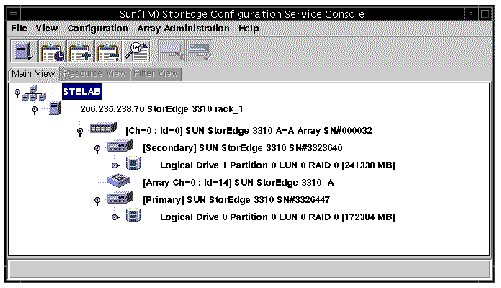 Screen capture showing main Sun StorEdge Configuration Service window with group icon expanded to show subordinate or underlying server objects.