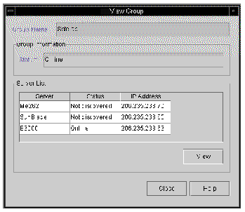 Screen capture showing the View Group window with all servers attached to a specified group in the Server List.