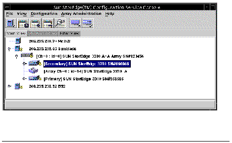 Screen capture showing the main Sun StorEdge Configuration Service window with the secondary controller selected.