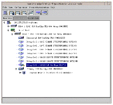 Screen capture of Sun StorEdge Configuration Service main window showing a degraded device symbol.