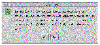 Screen capture showing the warning message if Sun StorEdge Configuration Service detects a new battery.