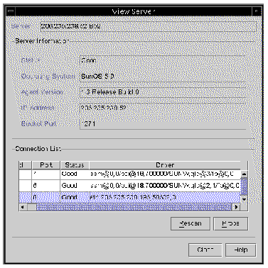 Screen capture showing the View Server window with the Probe button.