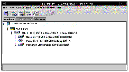 Screen capture showing the main Sun StorEdge Configuration Service window with an additional HBA for out-of-band management.