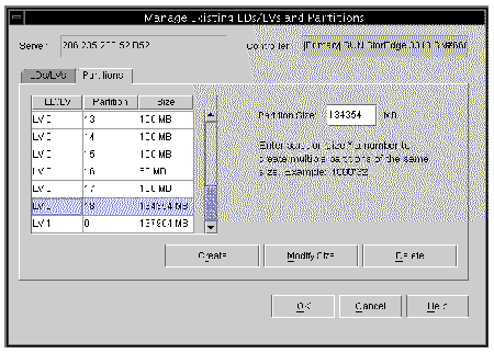 Screen capture showing the Manage Existing Logical Drives and Partitions window with Partitions tab displayed.