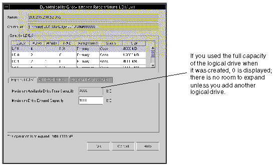 Screen capture showing the Dynamically Grow and/or Reconfigure LDs/LVs window with the Expand LD/LV tab displayed.