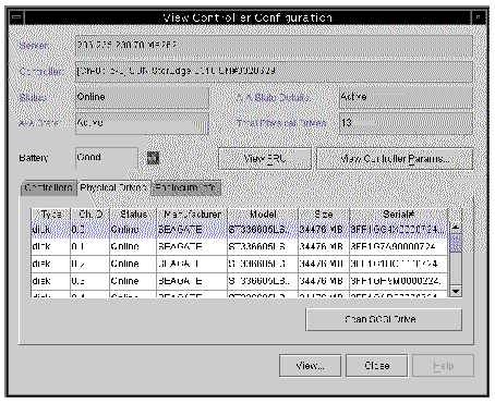 Screen capture showing the View Controller Configuration window with the Physical Drives tab displayed.