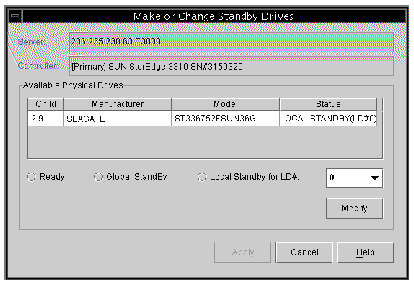 Screen capture showing the Make or Change Standby Drives window.
