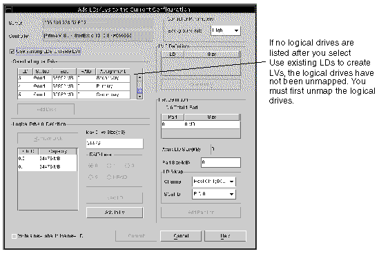 Screen capture of the Add LDs/LVs to the Current Configuration window showing the Use existing LDs to create LVs check box.