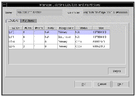 Screen capture showing the Manage Existing LDs/LVs and Partitions window with the LDs/LVs tab and Delete button displayed.