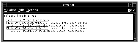 Screen capture showing the luxadm probe command used to display Fibre Channel device WWNs.