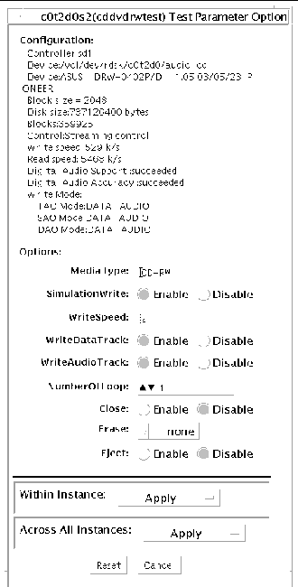 Screenshot of the cddvdrwtest Test Parameter Options dialog box.