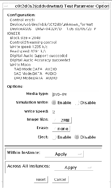 Screenshot of the cddvdrwtest Test Parameter Options dialog box.