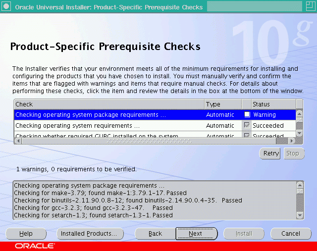 Displays product-specific prerequisites checks.