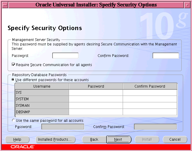 Specify OMS and repository database securtiy details.