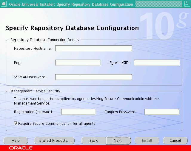 Specify OMS and reporitory database configuration details.
